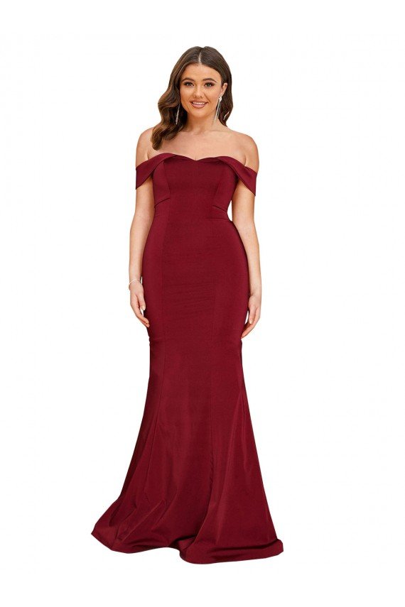 Borgoña Sirena Hombros Descubiertos Spandex Largo Formales Vestidos de dama de honor / Vestidos de fiesta Descuento