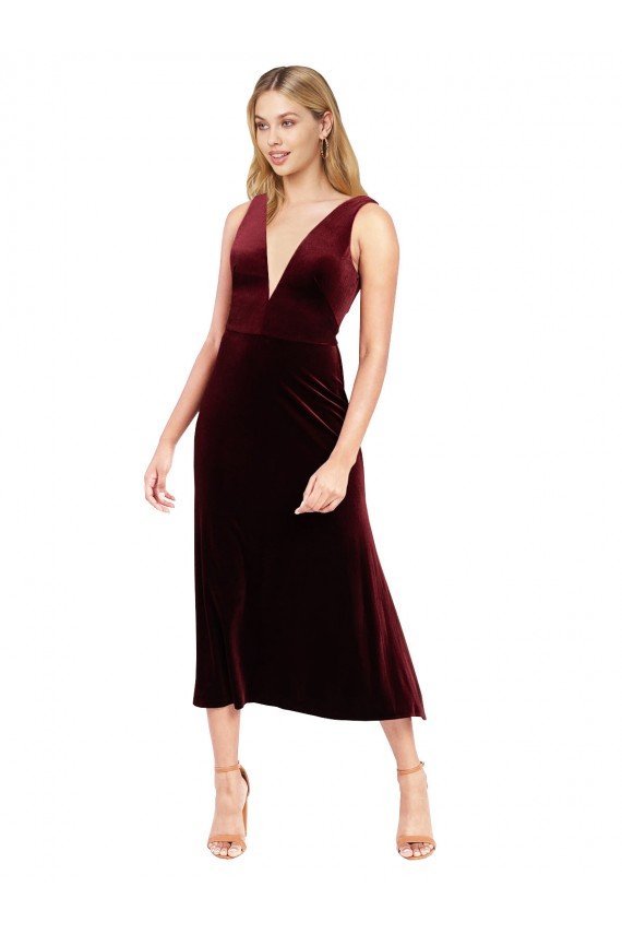 Borgoña línea A Cuello en V Midi Terciopelo Elástico Corto Vestidos de dama de honor / Vestidos de fiesta / Vestidos de cóctel Descuento