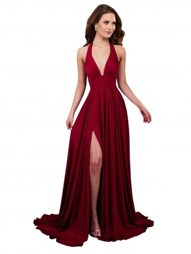 Borgoña línea A Halter Cuello en V Spandex Largo Formales Vestidos de dama de honor / Vestidos de fiesta Descuento