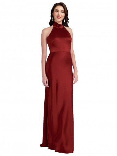 Borgoña línea A Halter Satén elástico Largo Formales Vestidos de dama de honor / Vestidos de fiesta Descuento