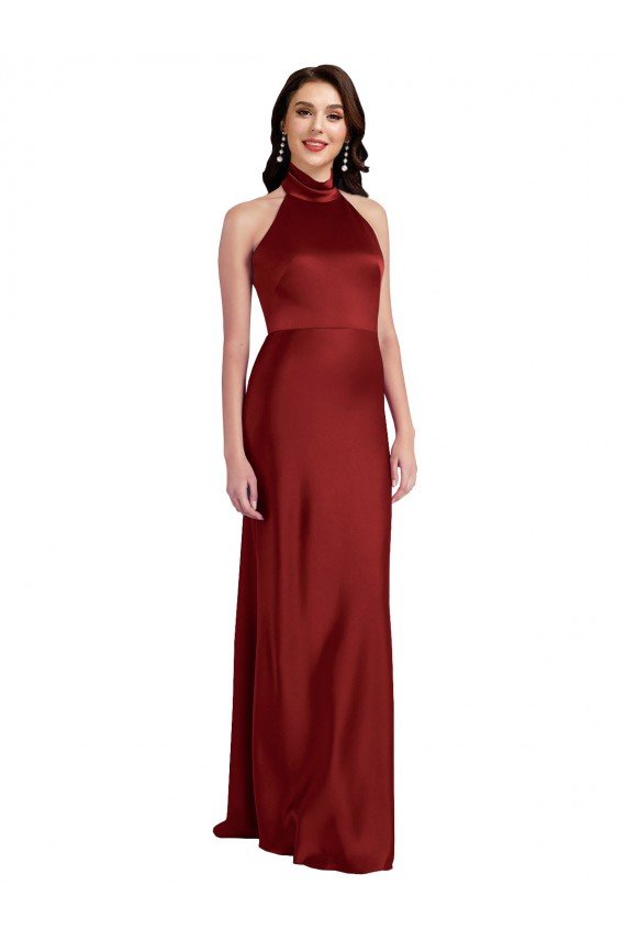 Borgoña línea A Halter Satén elástico Largo Formales Vestidos de dama de honor / Vestidos de fiesta Descuento