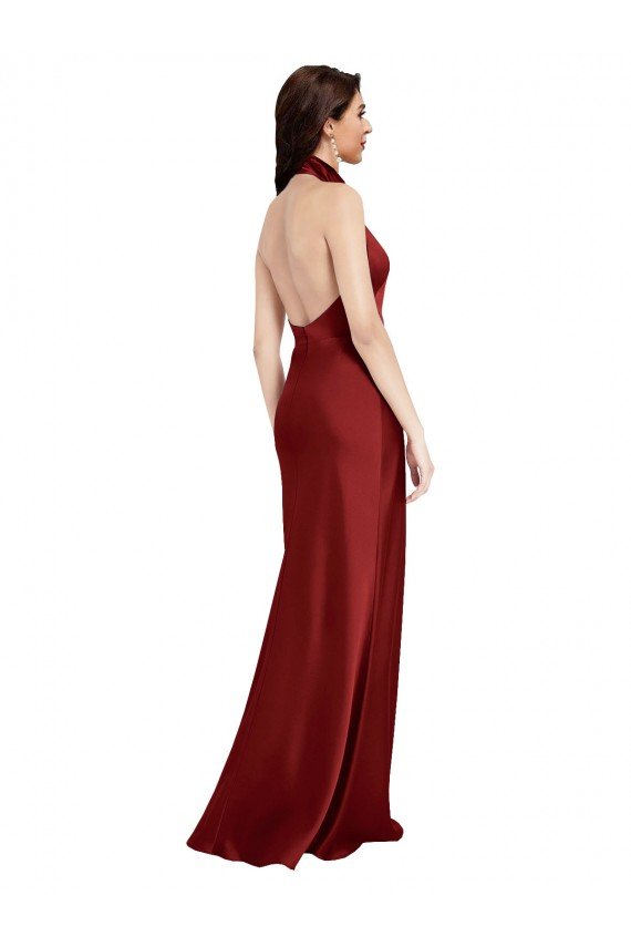 Borgoña línea A Halter Satén elástico Largo Formales Vestidos de dama de honor / Vestidos de fiesta Descuento
