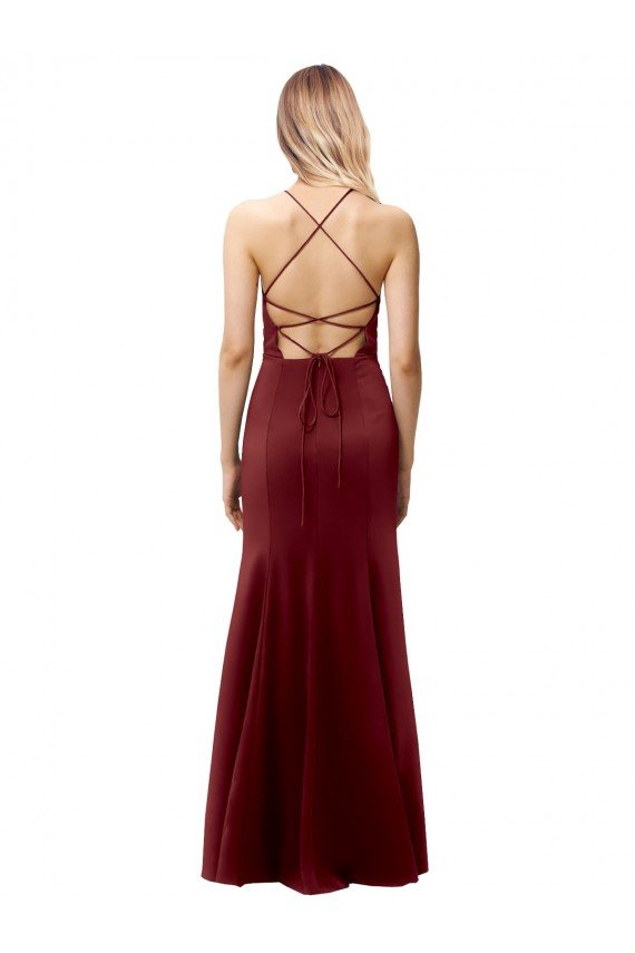 Borgoña oscuro Sirena Halter Cuello Alto Crepé Elástico Largo Formales Vestidos de dama de honor / Vestidos de fiesta Descuento