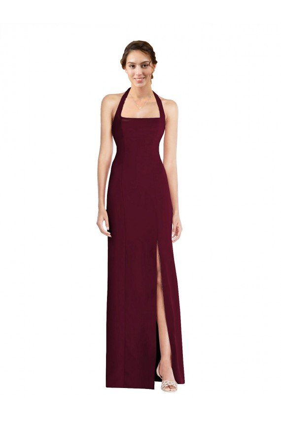 Borgoña oscuro Trompeta Halter Crepé Elástico Largo Vestidos de dama de honor / Vestidos de fiesta Descuento