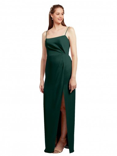 Cazador Verde Columna Tirantes espagueti Cuadrado Satén elástico Largo Formales Vestidos de dama de honor / Vestidos de fiesta Descuento
