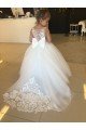 Champán Cuello de Corazón Cola capilla Tul Encaje Largo vestidos de niña de las flores Descuento