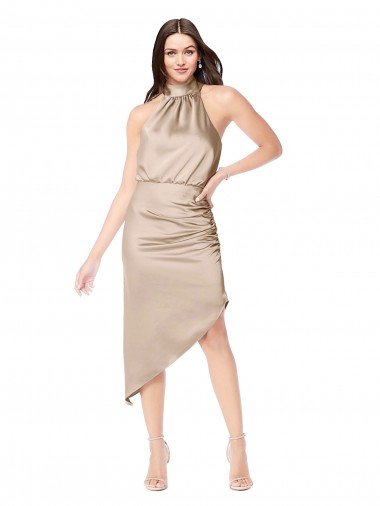 Champán Rosa línea A Halter Midi Satén sedoso Corto Asimétrico Vestidos de dama de honor / Vestidos de fiesta / Vestidos de cóctel / Vestidos para homecoming Descuento