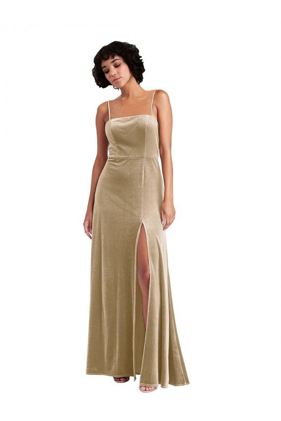 Champán línea A Cuadrado Terciopelo Elástico Largo Formales Vestidos de dama de honor / Vestidos de fiesta Descuento