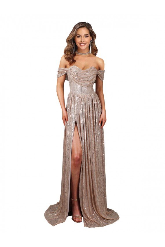Champán línea A Cucharón Sin tirantes Lentejuela Largo Formales Vestidos de dama de honor / Vestidos de fiesta Descuento