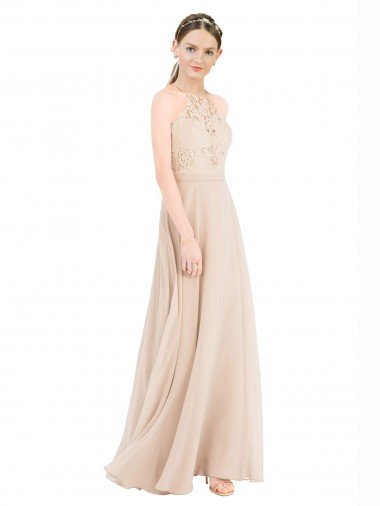 Champán línea A Halter Cuello Alto Gasa Encaje Largo Vestidos de dama de honor / Vestidos de fiesta Descuento