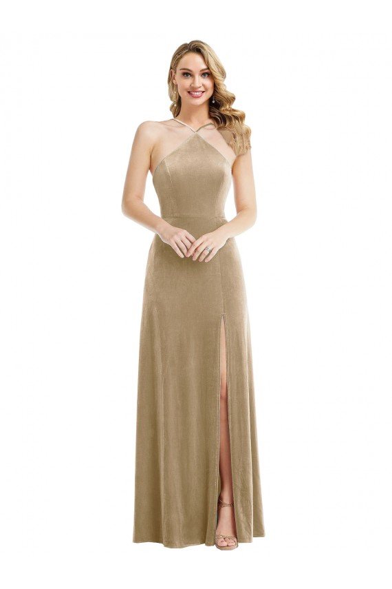 Champán línea A Halter Cuello Alto Terciopelo Elástico Largo Vestidos de dama de honor / Vestidos de fiesta Descuento