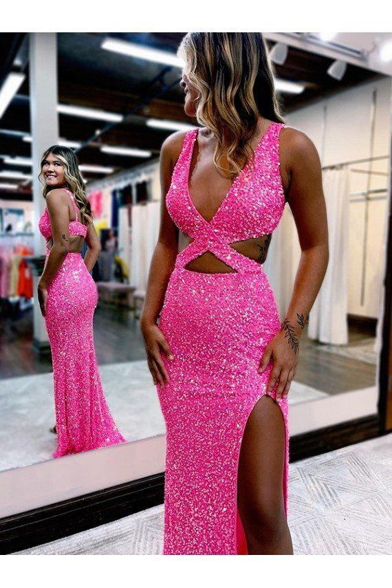 Color mostrado Cubierta Cuello en V Barrer tren Lentejuelas Terciopelo Largo Vestidos de fiesta Descuento