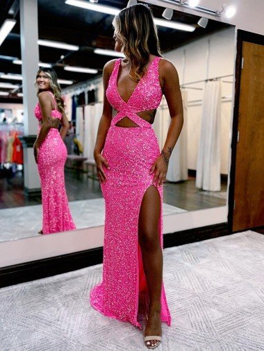 Color mostrado Cubierta Cuello en V Barrer tren Lentejuelas Terciopelo Largo Vestidos de fiesta Descuento
