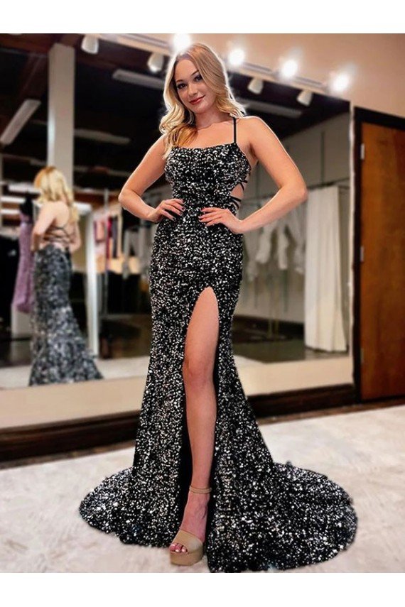 Color mostrado Cubierta Tirantes espagueti Barrer tren Lentejuelas Terciopelo Largo Vestidos de fiesta Descuento