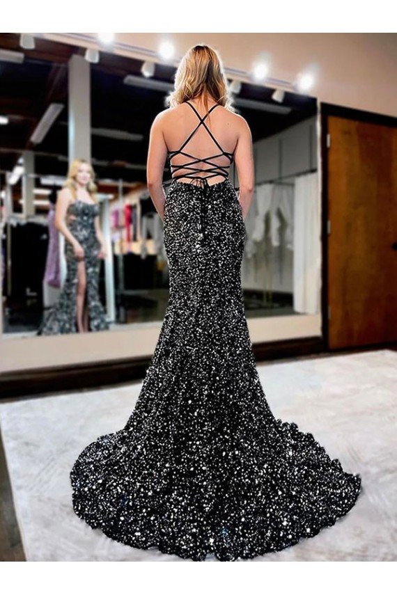 Color mostrado Cubierta Tirantes espagueti Barrer tren Lentejuelas Terciopelo Largo Vestidos de fiesta Descuento
