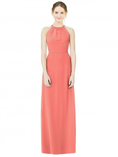 Coral línea A Halter Gasa Largo Vestidos de dama de honor Descuento