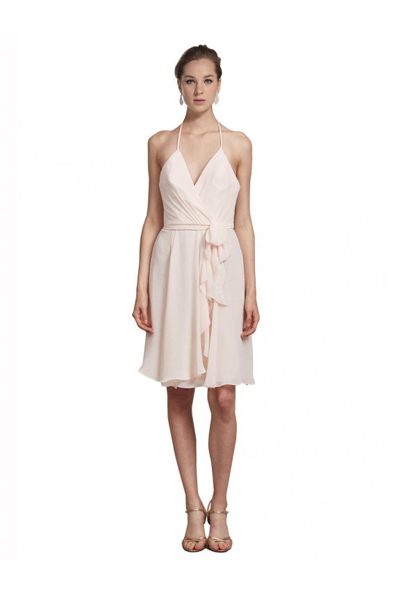 Crema Rosa línea A Halter Cuello en V Gasa Corto Vestidos de dama de honor / Vestidos de cóctel / Vestidos para homecoming Descuento