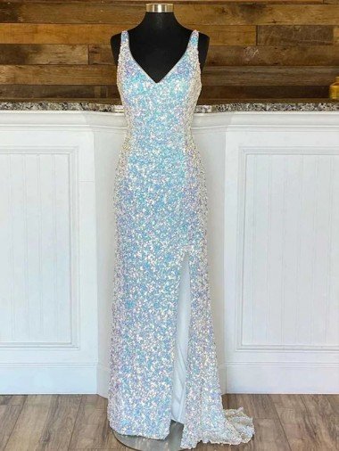 Cubierta Cuello en V Barrer tren Lentejuelas Terciopelo Largo Vestidos de fiesta Descuento