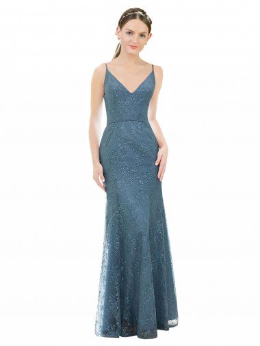 Cubierta Tirantes espagueti Cuello en V Encaje Largo Vestidos de dama de honor Descuento