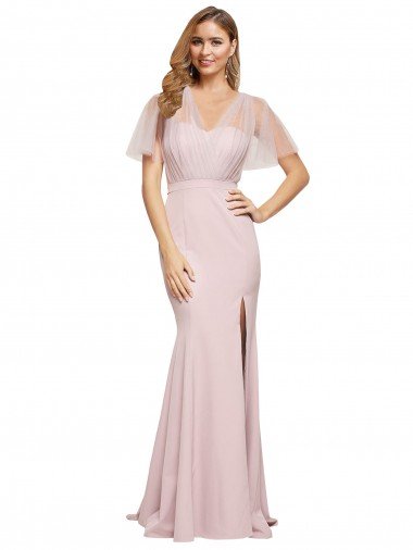 Cubierta Un Hombre Cuello de Corazón Crepé Elástico Tul Largo Formales Vestidos de dama de honor / Vestidos de fiesta Descuento