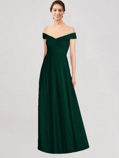 Evergreen línea A Hombros Descubiertos Cuello en V Gasa Largo Vestidos de dama de honor Descuento