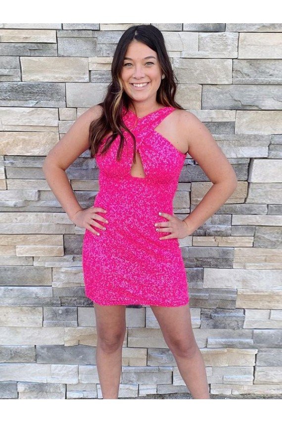 Fucsia Cubierta Halter Corto Lentejuelas Terciopelo Corto Vestidos de fiesta Descuento