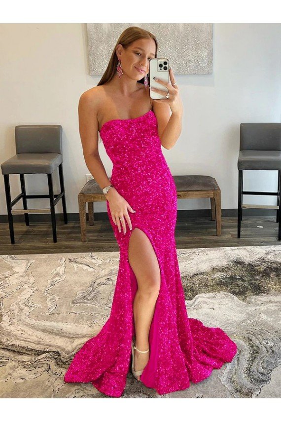 Fucsia Cubierta Sin tirantes Barrer tren Lentejuelas Terciopelo Largo Vestidos de fiesta Descuento