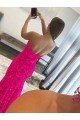 Fucsia Cubierta Sin tirantes Barrer tren Lentejuelas Terciopelo Largo Vestidos de fiesta Descuento