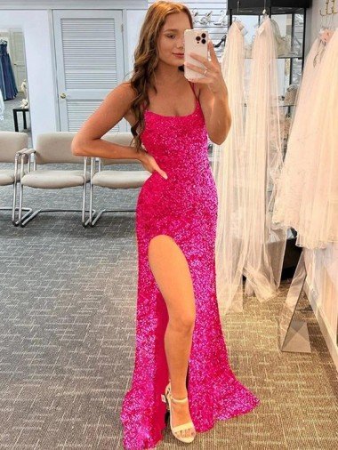 Fucsia Cubierta Tirantes espagueti Barrer tren Lentejuelas Terciopelo Largo Vestidos de fiesta Descuento