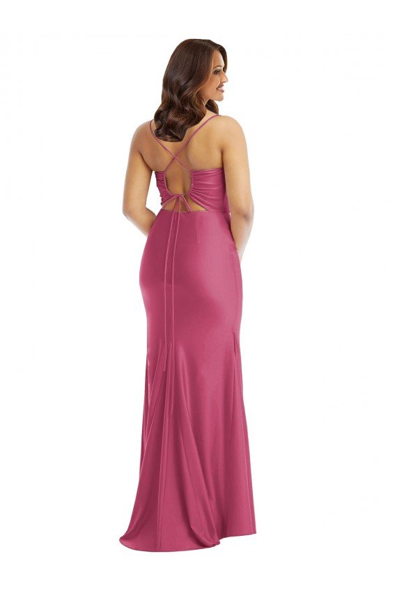 Fucsia Sirena Tirantes espagueti Satén sedoso Largo Formales Vestidos de dama de honor / Vestidos de fiesta Descuento