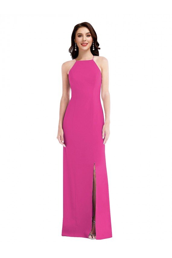 Fucsia Trompeta Halter Cuello Alto Crepé Elástico Largo Formales Vestidos de dama de honor / Vestidos de fiesta Descuento