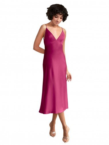 Fucsia línea A Cuello en V Midi Satén elástico Corto Formales Vestidos de dama de honor / Vestidos de fiesta / Vestidos de cóctel Descuento