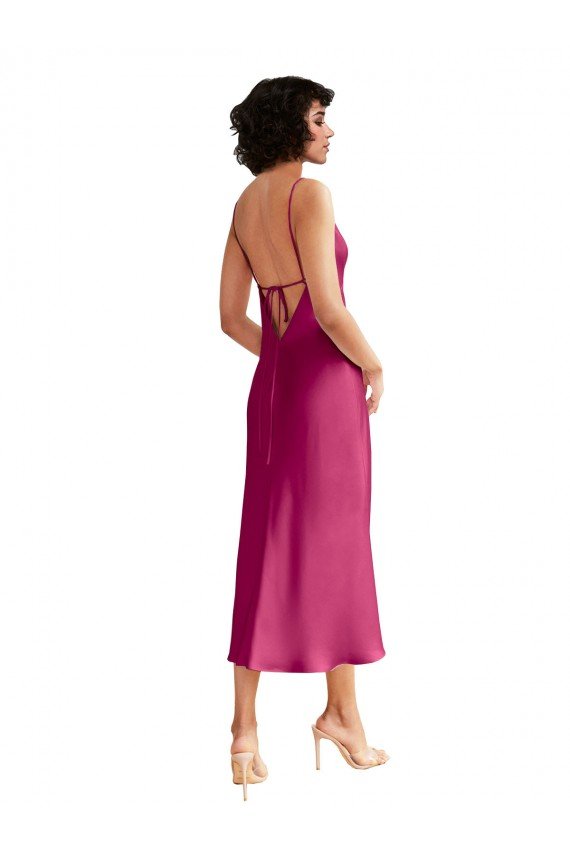 Fucsia línea A Cuello en V Midi Satén elástico Corto Formales Vestidos de dama de honor / Vestidos de fiesta / Vestidos de cóctel Descuento