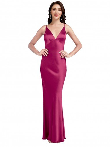 Fucsia línea A Tirantes espagueti Cuello en V Satén elástico Largo Formales Vestidos de dama de honor / Vestidos de fiesta Descuento