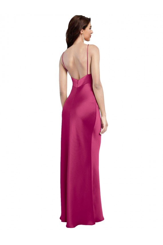 Fucsia línea A Tirantes espagueti Cuello en V Satén elástico Largo Formales Vestidos de dama de honor / Vestidos de fiesta Descuento