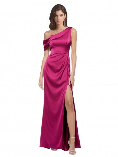 Fucsia línea A Un Hombre Satén elástico Largo Formales Vestidos de dama de honor / Vestidos de fiesta Descuento