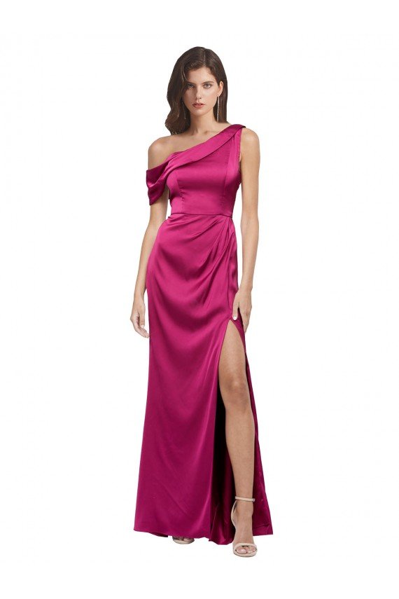 Fucsia línea A Un Hombre Satén elástico Largo Formales Vestidos de dama de honor / Vestidos de fiesta Descuento