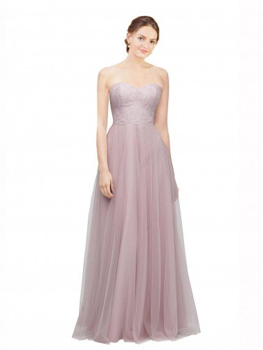 Light Lilac línea A Cuello de Corazón Tul Encaje Largo Vestidos de dama de honor Descuento