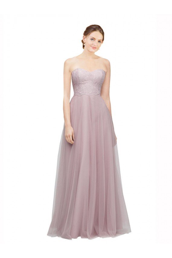 Light Lilac línea A Cuello de Corazón Tul Encaje Largo Vestidos de dama de honor Descuento