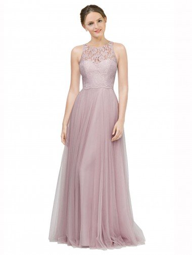 Light Lilac línea A Cuello de Corazón Tul Encaje Largo Vestidos de dama de honor Descuento