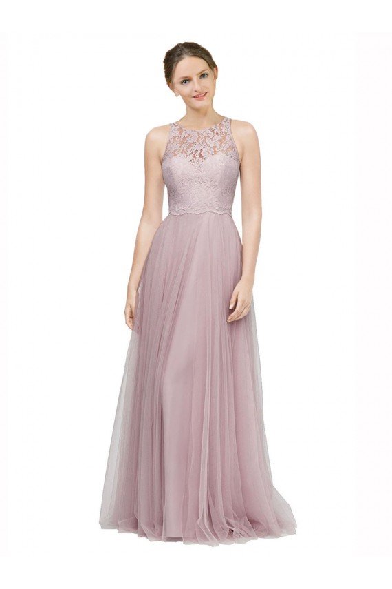 Light Lilac línea A Cuello de Corazón Tul Encaje Largo Vestidos de dama de honor Descuento
