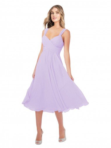Lila línea A Cuello de Corazón Midi Gasa Corto Asimétrico Vestidos de dama de honor / Vestidos de cóctel / Vestidos para homecoming Descuento
