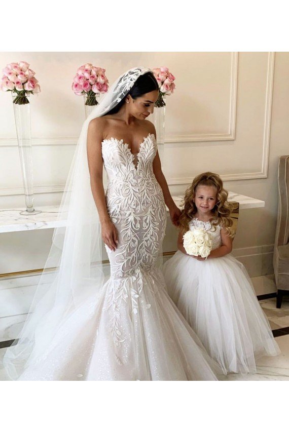 Marfil Barco Cola capilla Tul Encaje Largo vestidos de niña de las flores Descuento