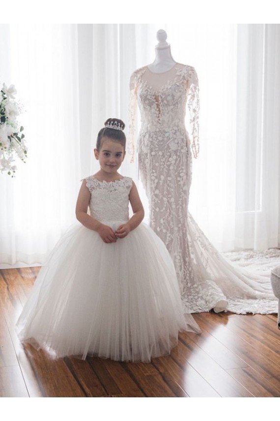 Marfil Barco Cola capilla Tul Encaje Largo vestidos de niña de las flores Descuento