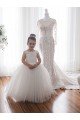 Marfil Barco Cola capilla Tul Encaje Largo vestidos de niña de las flores Descuento