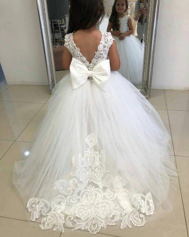 Marfil Barco Cola capilla Tul Encaje Largo vestidos de niña de las flores Descuento