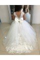 Marfil Barco Cola capilla Tul Encaje Largo vestidos de niña de las flores Descuento