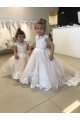Marfil Barco Cola capilla Tul Encaje Largo vestidos de niña de las flores Descuento