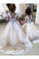 Marfil Barco Cola capilla Tul Encaje Largo vestidos de niña de las flores Descuento