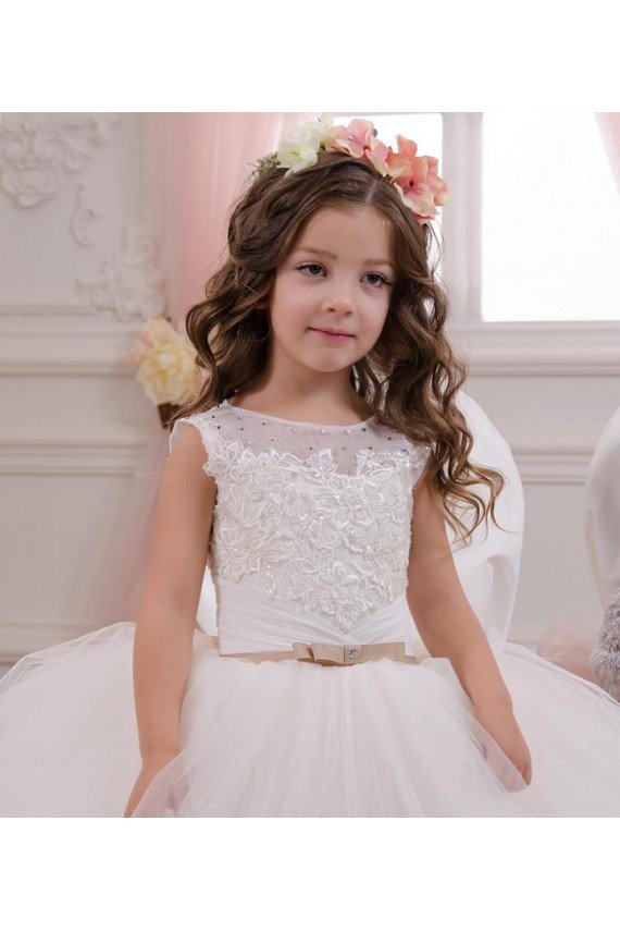 Marfil Barco Cola capilla Tul Encaje Largo vestidos de niña de las flores Descuento